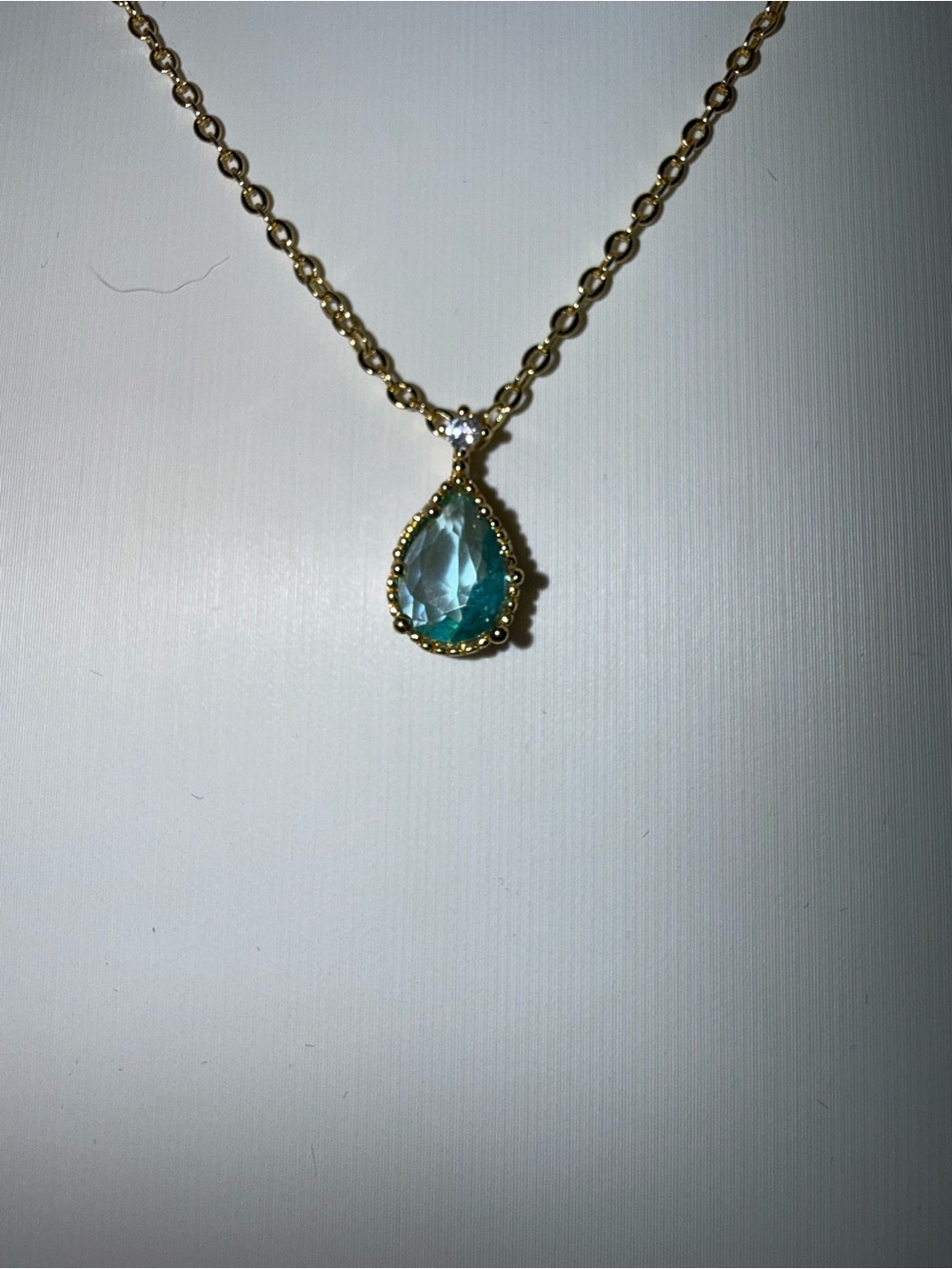 18 Karat Gold Dipped Aquamarine Cubic Zirconia Teardrop Pendant Necklace
